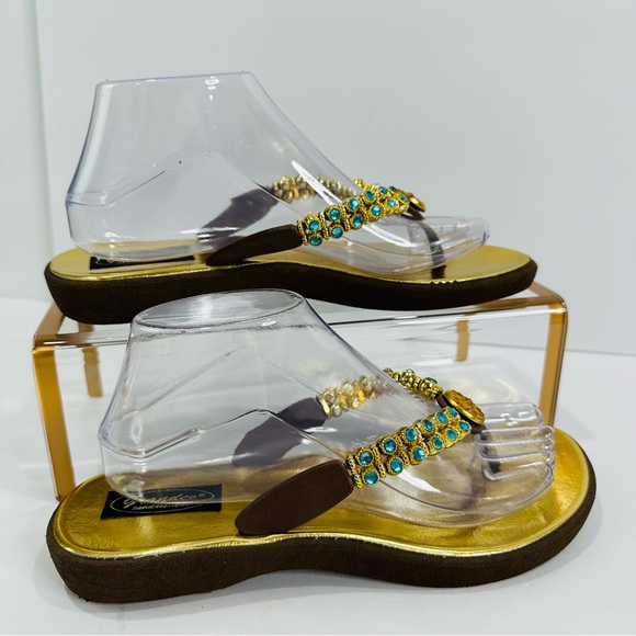 GRANDCO SANDALS GOLD BEJEWELED AQUA AND GOLD BLING WOMENS SIZE 9 GREAT COND - Picture 3 of 8